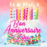 A white birthday cake covered in colorful sprinkles, topped with bright candles, and French text 'Bon Anniversaire Zina' on a pastel gradient background in an animated GIF.