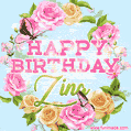 A charming animated GIF featuring 'Happy Birthday Zina' in pink and green text, surrounded by delicate roses, leaves, and fluttering butterflies on a soft light blue pastel background.