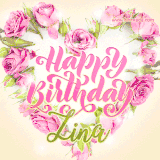 A stunning heart made of pink roses surrounds the elegant script text 'Happy Birthday Zina' on a soft beige background. Animated sparkles add a magical and festive feel.