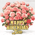Birthday wishes to Zion with a charming GIF featuring pink roses, butterflies and golden quote