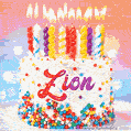 Personalized for Zion elegant birthday cake adorned with rainbow sprinkles, colorful candles and glitter