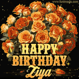 Animated bouquet of orange roses with moving butterfles and golden 'Happy Birthday Ziya' text, surrounded by sparkling accents and a dark backdrop for a luxurious feel.