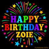 Personalized greeting card with name, colorful text that says 'Happy Birthday Zoie' surrounded by animated fireworks and multicolor stars