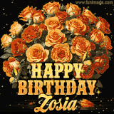 Animated bouquet of orange roses with moving butterfles and golden 'Happy Birthday Zosia' text, surrounded by sparkling accents and a dark backdrop for a luxurious feel.
