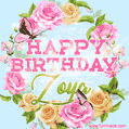 A charming animated GIF featuring 'Happy Birthday Zoya' in pink and green text, surrounded by delicate roses, leaves, and fluttering butterflies on a soft light blue pastel background.