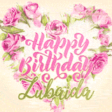 A stunning heart made of pink roses surrounds the elegant script text 'Happy Birthday Zubaida' on a soft beige background. Animated sparkles add a magical and festive feel.
