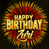 Golden 'Happy Birthday Zuri' text accompanied by animated rainbow fireworks for a festive animated greeting.