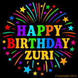 Personalized greeting card with name, colorful text that says 'Happy Birthday Zuri' surrounded by animated fireworks and multicolor stars