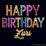 Vibrant luxury birthday greeting card for Zuri, showing glittering gemstone letters and golden calligraphy on a dark background with twinkling shine effects.