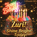 Burning birthday candles on top of a chocolate drip cake with the text Shine Bright Today! at the base, custom-designed for Zuri.