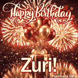 Exploding fireworks in gold and red above a gift box with the text Zuri in bold lettering, custom-designed for her.