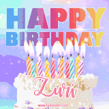 A vibrant animated name GIF with the words 'Happy Birthday Zuri' with colorful candles on a creamy cake. The background sparkles with pastel shades, adding a festive touch.