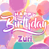 A vibrant name GIF featuring colorful balloons in shades of pink, orange, and yellow with the bold text 'Happy Birthday Zuri' in festive fonts, creating a lively birthday vibe.