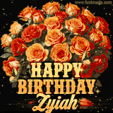 Animated bouquet of orange roses with moving butterfles and golden 'Happy Birthday Zyiah' text, surrounded by sparkling accents and a dark backdrop for a luxurious feel.