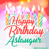 Bright birthday candles with rainbow flames on a cake, alongside the text 'Happy Birthday Áslaugur' in vibrant script in this celebratory animated GIF.