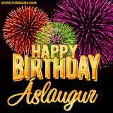 A golden 'Happy Birthday Áslaugur' message with vibrant fireworks in the background, creating a festive and celebratory vibe in this animated name GIF.