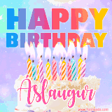 A vibrant animated name GIF with the words 'Happy Birthday Áslaugur' with colorful candles on a creamy cake. The background sparkles with pastel shades, adding a festive touch.