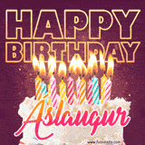 A colorful birthday cake topped with lit candles, with the words 'Happy Birthday Áslaugur' in bold glowing letters on a burgundy background. Animated flames add a festive touch.