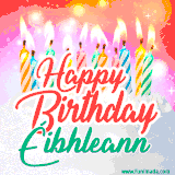 Bright birthday candles with rainbow flames on a cake, alongside the text 'Happy Birthday Éibhleann' in vibrant script in this celebratory animated GIF.