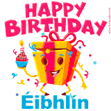 A vibrant and funny gift box character with a happy face dancing with a cupcake and the text 'Happy Birthday Éibhlín,' surrounded by animated confetti and party vibes.