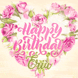 A stunning heart made of pink roses surrounds the elegant script text 'Happy Birthday Ériu' on a soft beige background. Animated sparkles add a magical and festive feel.