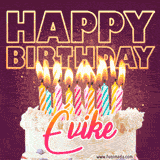 A colorful birthday cake topped with lit candles, with the words 'Happy Birthday Évike' in bold glowing letters on a burgundy background. Animated flames add a festive touch.