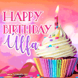 A vibrant birthday GIF featuring a rainbow-colored cupcake topped with white frosting, sprinkles, and a lit candle. The text reads 'Happy Birthday Úlfa' in bold pink and violet letters with white outline.