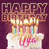 A colorful birthday cake topped with lit candles, with the words 'Happy Birthday Úlfa' in bold glowing letters on a burgundy background. Animated flames add a festive touch.