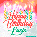 Bright birthday candles with rainbow flames on a cake, alongside the text 'Happy Birthday Łucja' in vibrant script in this celebratory animated GIF.