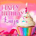 A vibrant birthday GIF featuring a rainbow-colored cupcake topped with white frosting, sprinkles, and a lit candle. The text reads 'Happy Birthday Łucja' in bold pink and violet letters with white outline.