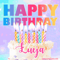 A vibrant animated name GIF with the words 'Happy Birthday Łucja' with colorful candles on a creamy cake. The background sparkles with pastel shades, adding a festive touch.