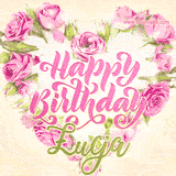 A stunning heart made of pink roses surrounds the elegant script text 'Happy Birthday Łucja' on a soft beige background. Animated sparkles add a magical and festive feel.