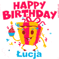 A vibrant and funny gift box character with a happy face dancing with a cupcake and the text 'Happy Birthday Łucja,' surrounded by animated confetti and party vibes.