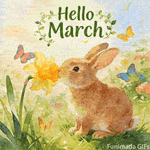 A lovely watercolor illustration of a brown bunny sniffing a yellow daffodil flower in a meadow. Colorful butterflies flutter around, and 'Hello March' text is framed by green vines.