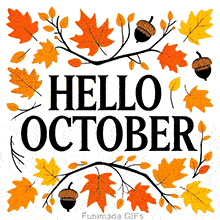 A clean and stylish GIF to celebrate the start of the month. The 'Hello October' message is elegantly decorated with animated autumn foliage on a white background.