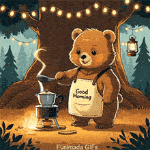 Good morning animation with a fluffy bear preparing coffee outdoors under string lights, surrounded by trees, with a warm campfire and a rustic lantern hanging nearby.