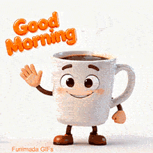 A cute white coffee cup character with arms and legs waves hello. It has a smiling face and steaming hot coffee inside. Orange bubble letters spell 'Good Morning' above.