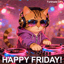 A cool ginger cat wears headphones, sunglasses, and a purple hoodie while scratching on DJ turntables. The background is lit with pink and blue club lights above 'HAPPY FRIDAY!' text.