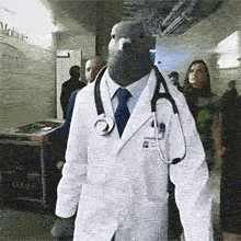 Animated reaction meme showing a serious-looking pigeon doctor strutting down a corridor. The bizarre hybrid character is dressed in full medical gear, leading a group of professionals.