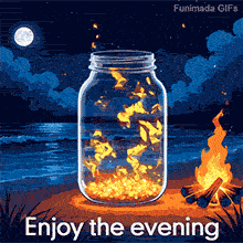 A tranquil beach scene gif. A glass jar captures glowing, fluttering insects next to a warm, burning campfire. In the background, a full moon shines over the animated ocean.