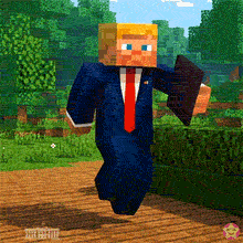 Animated GIF showing a Donald Trump skin dancing in a Minecraft game setting. The character features the iconic blonde hair and suit, strutting through a green blocky landscape.