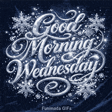 A sophisticated and icy Wednesday GIF. The crystal-clear letters shine against the deep blue backdrop, offering a refined and seasonal greeting.