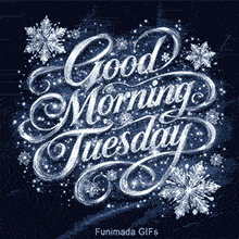 A stunning and cold-themed Tuesday GIF. The crystal typography shines against the dark blue backdrop, offering a sophisticated and seasonal greeting.