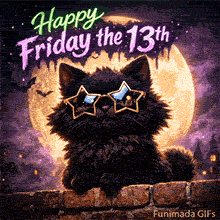 Charming Friday the 13th GIF. The black cat brings good luck with its relaxed attitude, surrounded by a Halloween-style vibe with a distant castle and purple clouds.