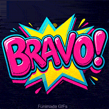 A burst of animated praise, this graphic shows the word 'Bravo!' in glossy pink letters. The text is layered over a yellow starburst shape with cyan accents, creating a 3D comic-book effect.