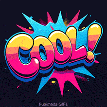 A visual affirmation of 'Cool!', this animated GIF presents the word in a bold, rounded font. The text shines with a multi-color gradient, framed by a dynamic splash graphic with sparkles.