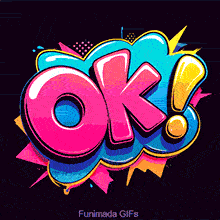 The word 'OK!' is animated inside a blue and yellow pop-art cloud. The 'OK' is glossy pink, while the exclamation mark is bright yellow, all set against a dark background with animated sparkles.