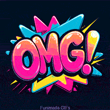 The acronym 'OMG!' is brought to life in a bubbly, 3D font with an orange-to-pink gradient. The text is set against a vibrant cyan, yellow, and pink explosive graphic with animated highlights.