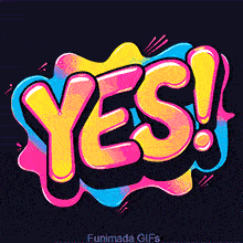 A visual shout of 'YES!', this animation features glossy lettering that pops from a colorful backdrop of energetic shapes. The yellow and pink text shimmers with animated highlights.