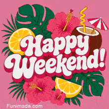A coconut shell filled with a pink drink, a yellow straw, and a cocktail umbrella floats amid green monstera leaves, orange slices, and pink flowers on a pink background.